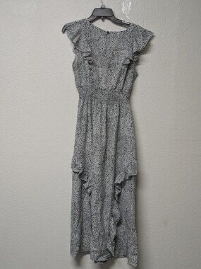 Women's Black & White Stretchable Waist Ruffled Floral Sleeveless Maxi Dress - L